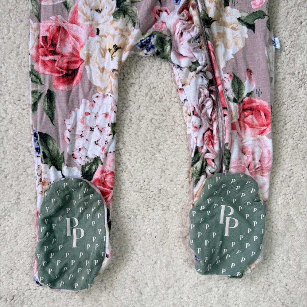 Posh Peanut Floral Footie Ruffled Zippered One Piece in Pink, Green, & Grey - Picture 2 of 12